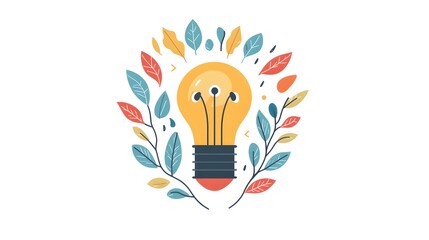 Fototapeta premium A creative flat design featuring a light bulb integrated with intricate branches that radiate from it, representing the flourishing of innovative thoughts; the harmonious blend of colors and 
