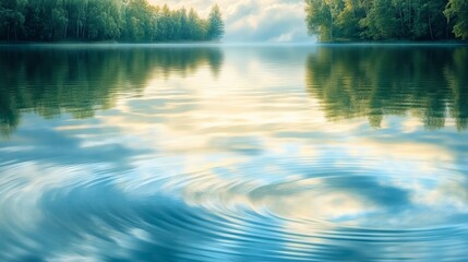 A serene lake scene with calm waters reflecting trees and a cloudy sky, creating a tranquil and picturesque atmosphere