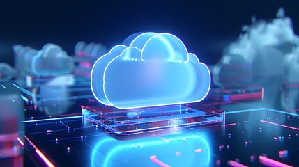 Futuristic Neon Cloud Technology over Digital Circuit Background with Vibrant Light Effects