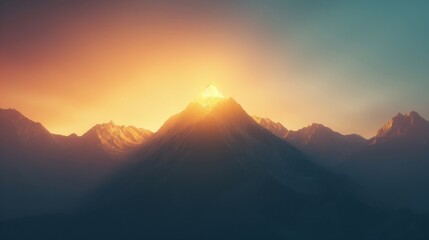 Golden mountain peaks reach for the sky, illuminated by the soft glow of sunrise, casting shadows across the dark, rugged terrain