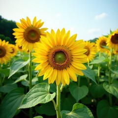 Fototapeta premium Close-up view of sunflower heads, lush greenery , flowers, close-up, sunflower