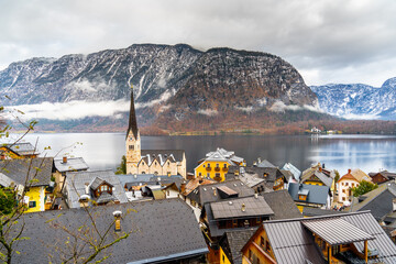 The Evangelical Church (Evangelische Kirche - Pfarrkirche) of Hallstatt, Austria is seen. This church has become Hallstatt symbol and is the most photographed structure. © Bulent