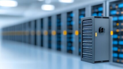 Fototapeta premium Modern server room glows brightly showcasing sleek data storage units. AI Generated