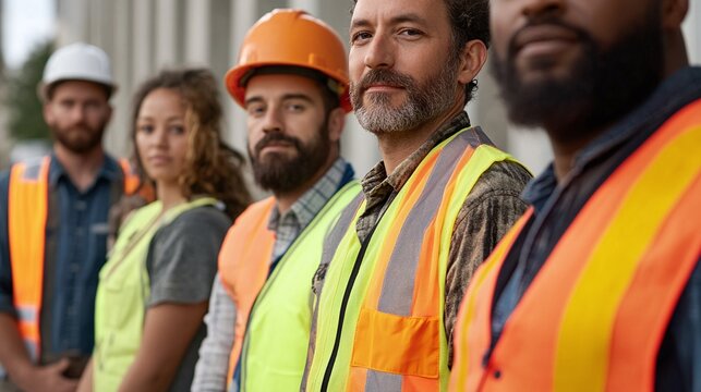 group of diverse construction worker staff wearing high vis safety vests