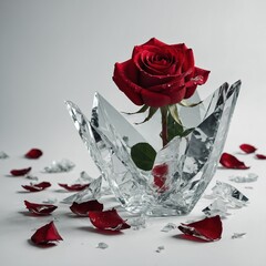 A red rose surrounded by glass shards on a white surface.

