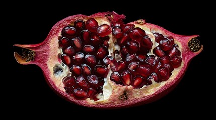 A pomegranate split open, revealing clusters of juicy, jewel-like seeds that glisten with moisture; the vibrant red hues of the seeds stand out beautifully, capturing their freshness and appeal 