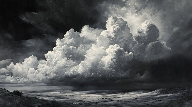 A sweeping view of a plain beneath thick, rolling thunderclouds, with stormy skies and an air of impending weather; the clouds are dense and charged, adding a sense of drama and anticipation 