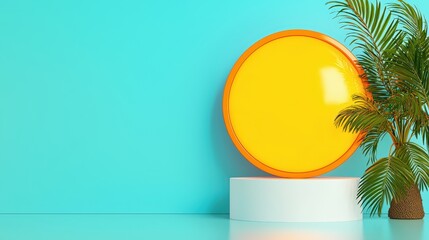 Bright Yellow Circle on White Pedestal with Palm Plant in Room