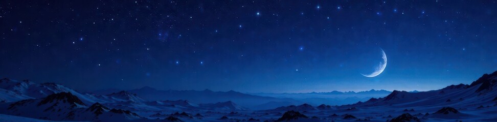 Dark blue canvas with stars twinkling in the sky, a crescent moon and planets visible in the distance, stars, space, celestial