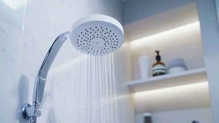 A chic smart showerhead with customizable settings in a contemporary bathroom, symbolizing modern personal care and technology integration, Bathroom scene