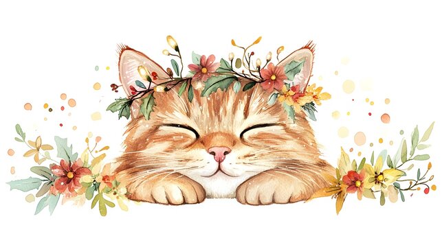 An adorable watercolor illustration of a Christmas cat in a bohemian style, complete with whimsical accessories like a floral crown and twinkling lights; the gentle pastel palette enhances the 