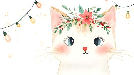 An adorable watercolor illustration of a Christmas cat in a bohemian style, complete with whimsical accessories like a floral crown and twinkling lights; the gentle pastel palette enhances the 