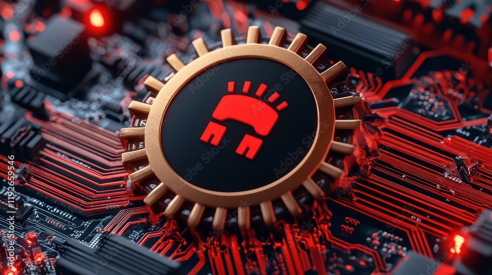 Poster Futuristic Microchip Design with Red and Black Circuit Patterns