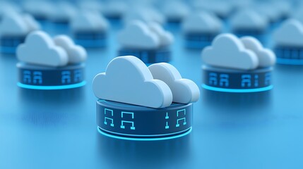 Modern Cloud Computing Concept With Abstract Cloud Icons and Network Symbols on Bright Blue Background