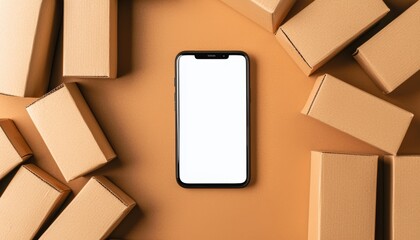 Sleek mobile phone with a white screen placed among stacked cardboard boxes, representing e-commerce and delivery services