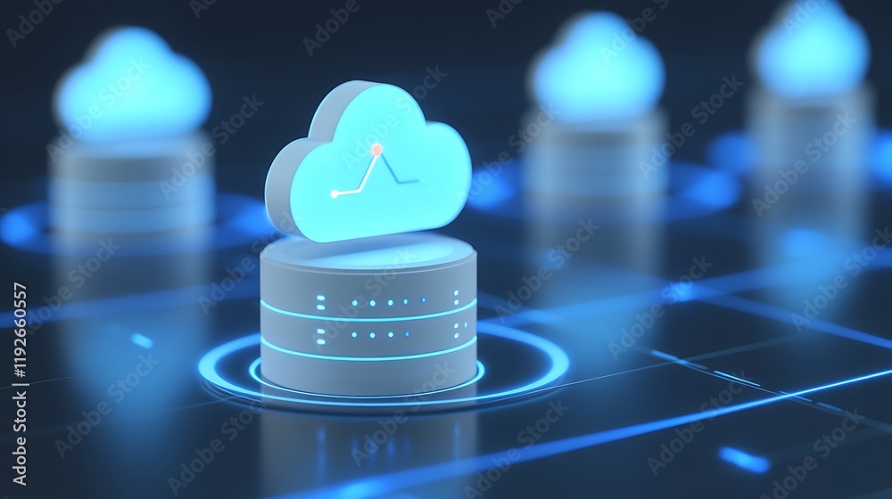 Poster modern cloud computing concept with data storage and analytics visuals in futuristic design