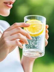 Refreshing Lemonade Drink with Bubbles in a Clear Glass Outdoors