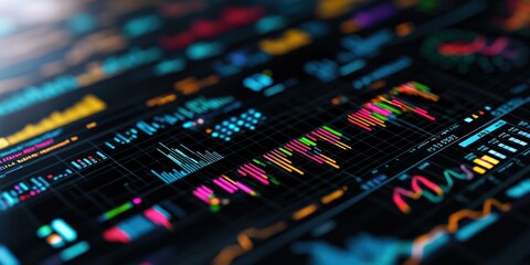 A vibrant digital interface displaying colorful graphs and data visualizations, representing analytics and statistical trends.