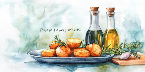 Potato Lovers Month illustration featuring roasted potatoes garnished with rosemary, paired with bottles of olive oil and garlic, painted in a watercolor style.