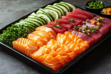 Fresh sashimi platter featuring tuna and salmon with cucumber and garnish