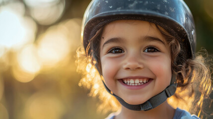 Child smiling with helmet in safe outdoor environment, enjoying sports and play. warm sunlight creates joyful atmosphere, highlighting child happiness