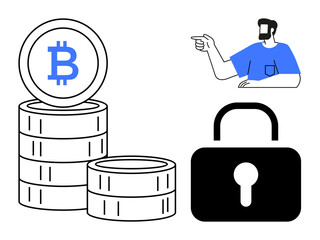 Stacked bitcoin coins, a padlock, and a person giving instructions emphasize cryptocurrency security. Ideal for financial discussions, digital security, blockchain technology, online transactions