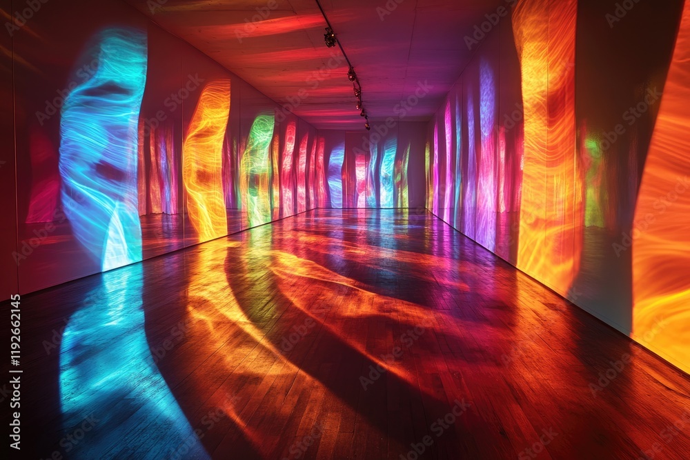 Poster colorful light painting projected on walls and floor creating vibrant atmosphere