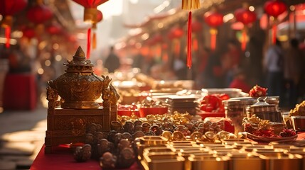 Bustling Chinese New Year marketplace overflowing with a dazzling array of festive red and gold toned traditional Lunar New Year items for celebratory traditions