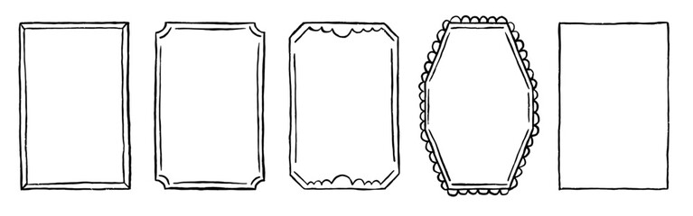 Set of elegant whimsical hand-drawn frames in trendy vintage styles. Simple chalk hand drawn borders. Rectangle shape