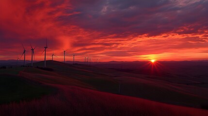 An inspiring sunset scene featuring wind turbines silhouetted against a stunning orange and pink sky. The turbines stand tall on a gently sloping hill, with the sun setting in the background, 