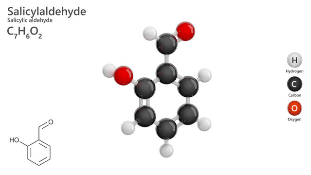 Molecule: Salicylaldehyde. Organic compound. Molecular structure. Formula: C7H6O2. Chemical model: Ball and stick. White background. 3D illustration.