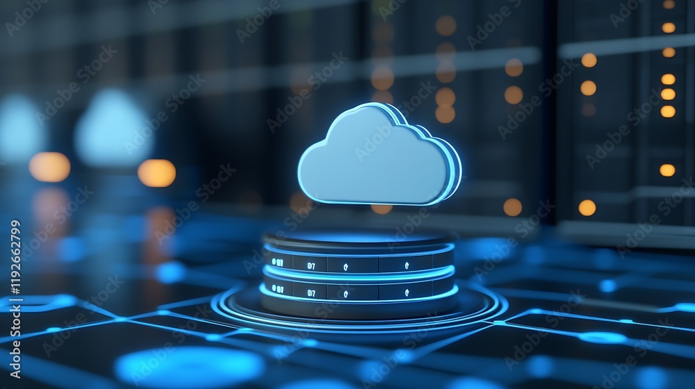 Poster modern cloud computing icon with data storage and network connections in a digital environment