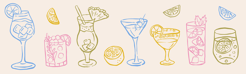 Cocktails alcoholic martini, aperol spritz in ink doodle style. Hand drawn collection of drink. Italian style wedding dinner icons.