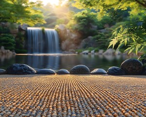 Fototapeta premium Serene Zen Garden with Misty Waterfall Exuding Tranquility and Contemplation