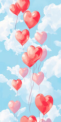 Red Heart-Shaped Balloons Against Blue Sky with Clouds for Love Background