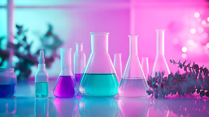 Liquid glassware in a science laboratory, The beakers and flasks filled with liquids sit on a lab table, representing scientific experimentation