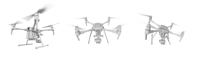 A mockup drone (quadcopter) with remote control, flying with a 4k camera. Monochrome style. Set of views. Isolated on transparent background. PNG. 3d illustration.