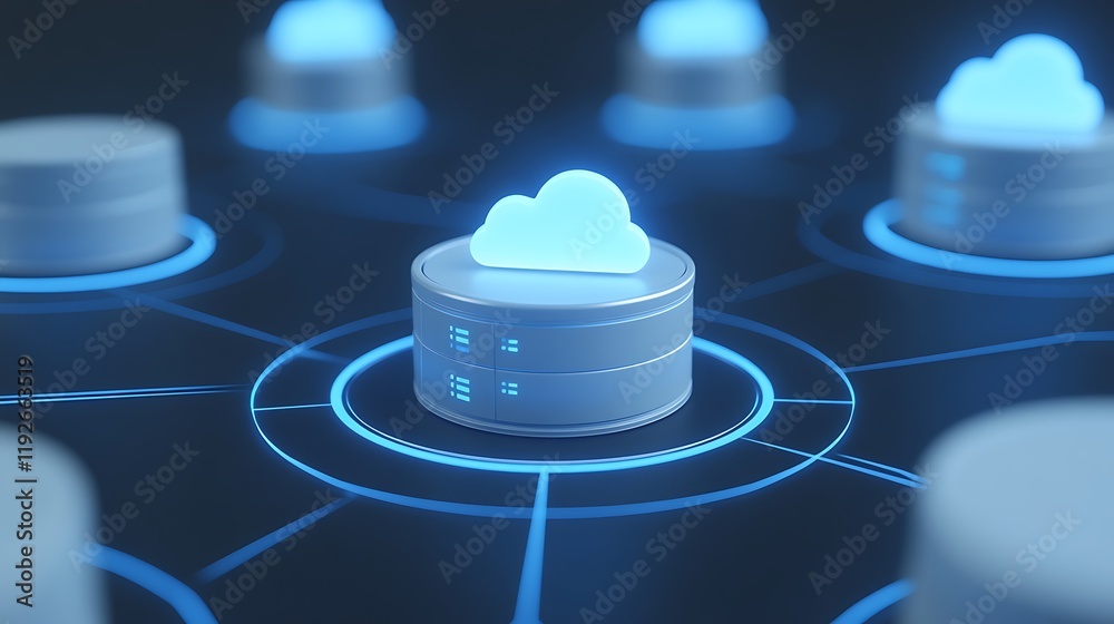 Poster modern cloud computing technology with data storage and network connections visual representation