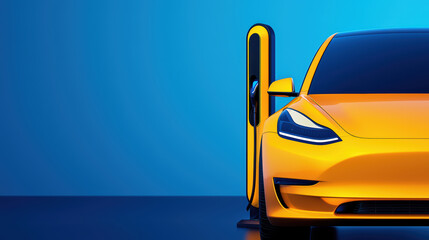 Fototapeta premium Sleek Yellow Electric Car Charging Against Vibrant Blue Background