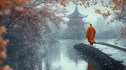 Fototapeta premium Traveling Monk Crossing Stone Bridge Over Tranquil River with Cherry Blossoms