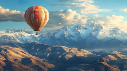Fototapeta premium A vivid hot air balloon soaring high with a stunning mountain range in the distance.