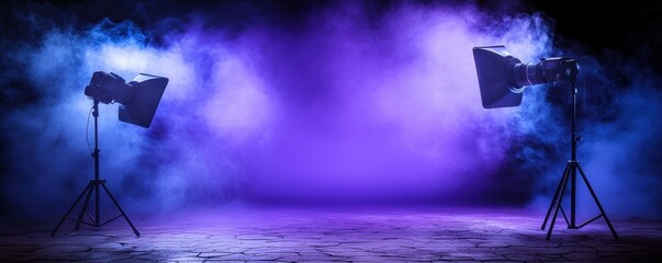 Industrial-style studio with a purple backdrop, softbox light, and cracked floor texture, creating an inspiring setting for photography