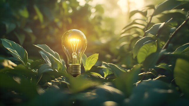 A whimsical scene depicting a lightbulb sprouting like a young plant in a lush green garden, with sunlight filtering through the leaves above. The contrast between the natural elements and the 