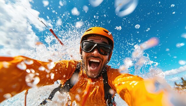 Joyful man kitesurfing on open water, celebrating outdoor fun, fitness, and the thrilling rush of harnessing the wind and waves
