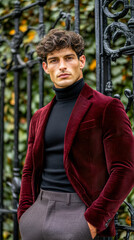 Fototapeta premium A man in a maroon corduroy jacket and charcoal trousers, standing confidently by a vintage wrought-iron gate with ivy-covered walls