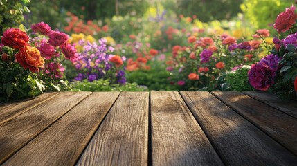 A weathered wooden table texture leading to a colorful rose garden filled with blooming flowers.