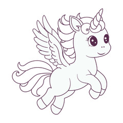 Coloring book for kids cute unicorn with wings. A hand-drawn pony with a horn. The magical horse Pegasus. Vector illustration.