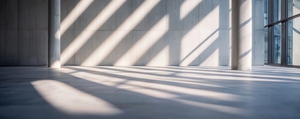 Obraz premium Modern spacious interior with large concrete pillars, floor-to-ceiling windows, minimalist decor, and sunlight casting geometric shadows