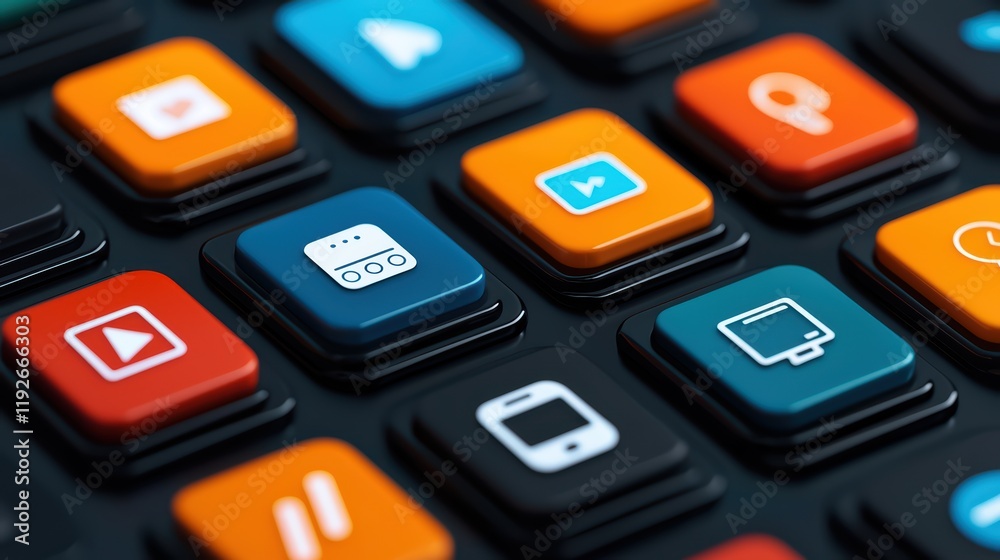 Poster colorful keyboard buttons featuring app icons and function symbols