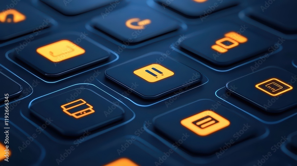 Poster futuristic interface with glow buttons on a keyboard background